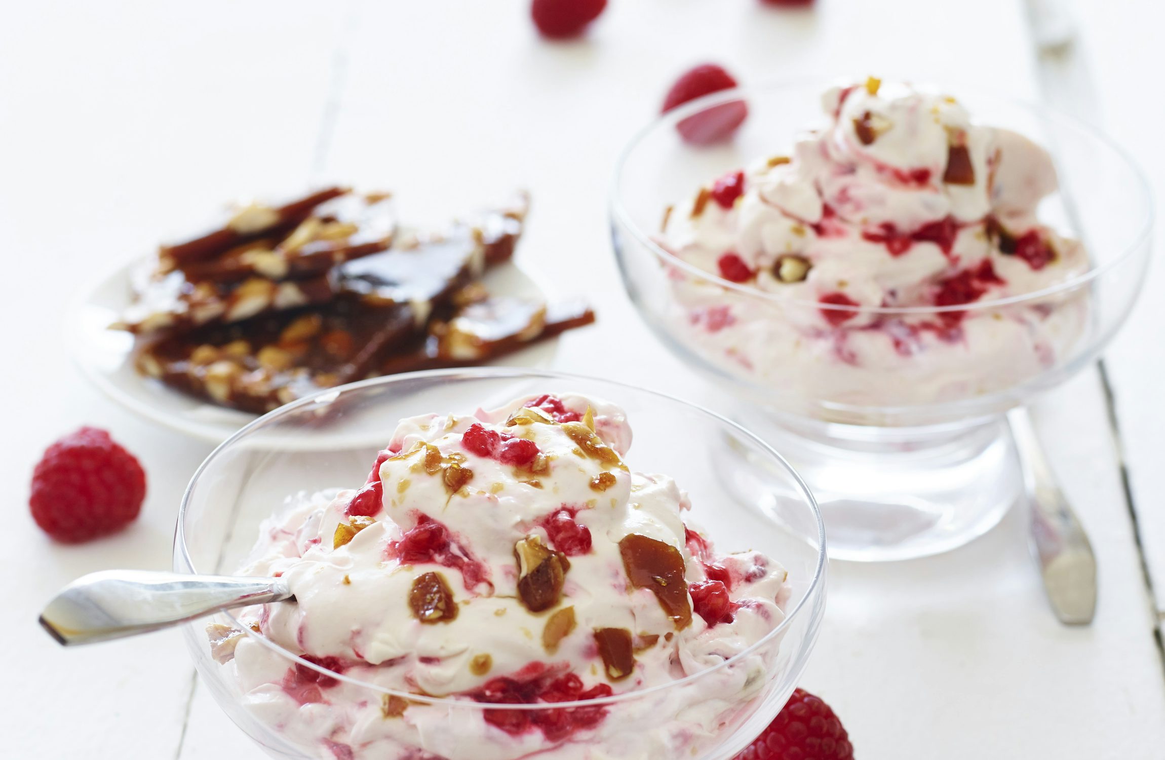 Raspberry Fool with Almond Toffee Shards and Whole Raspberries