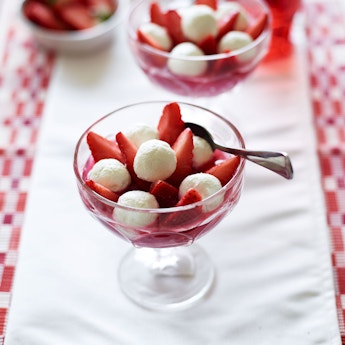 Strawberries, Roasted Rhubarb & Rosewater Labneh Balls