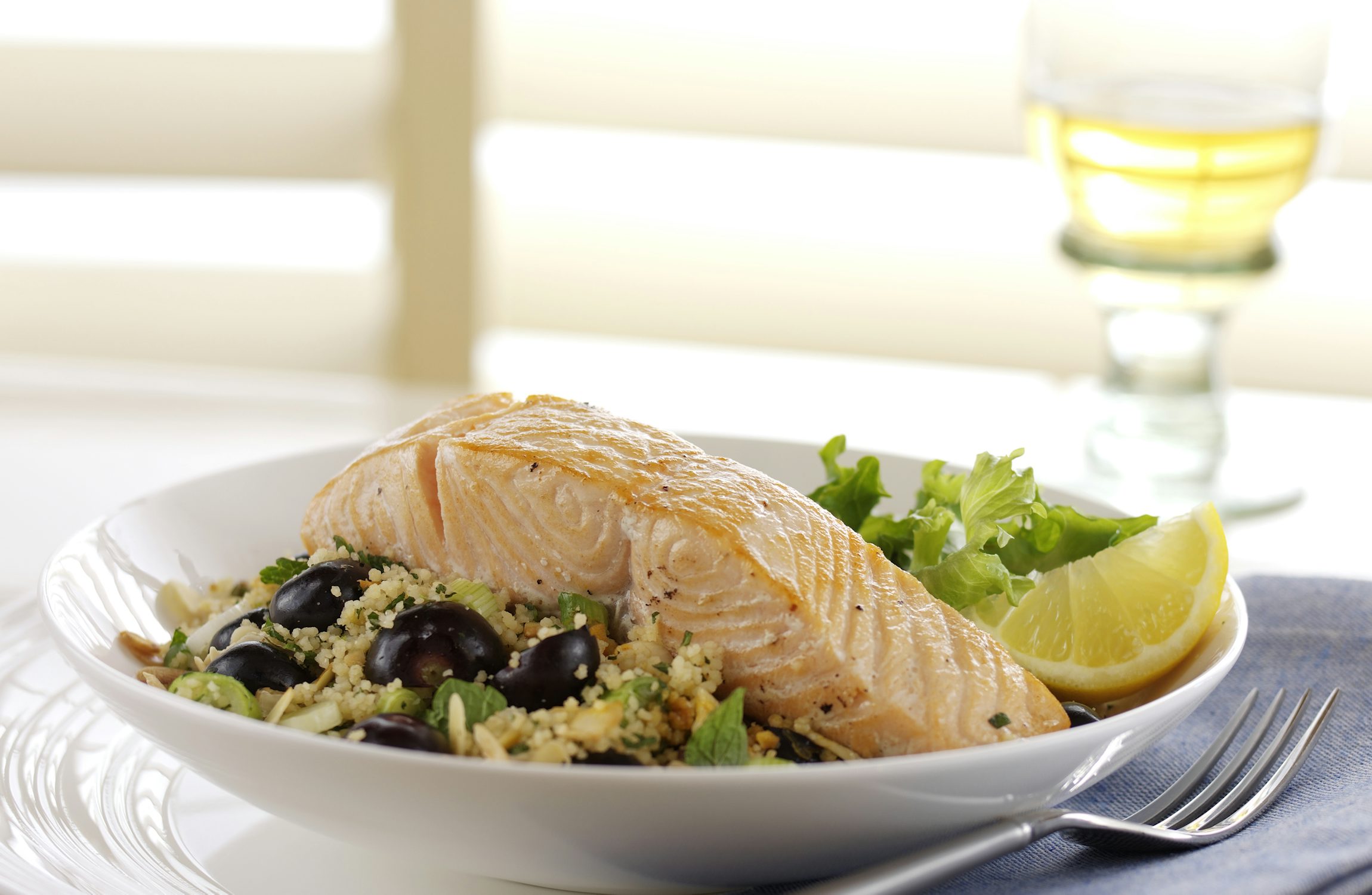 Griddled Harissa Marinated Salmon with Blueberry, Spring Onion & Toasted Almond Couscous