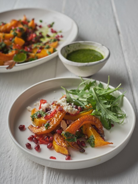 ViewRoast butternut squash & pomegranate with pistachio pesto