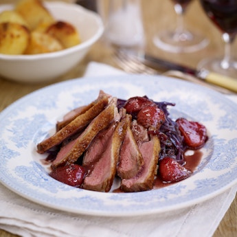 Pan Roasted Duck with a Strawberry Red Wine Sauce & Braised Red Cabbage