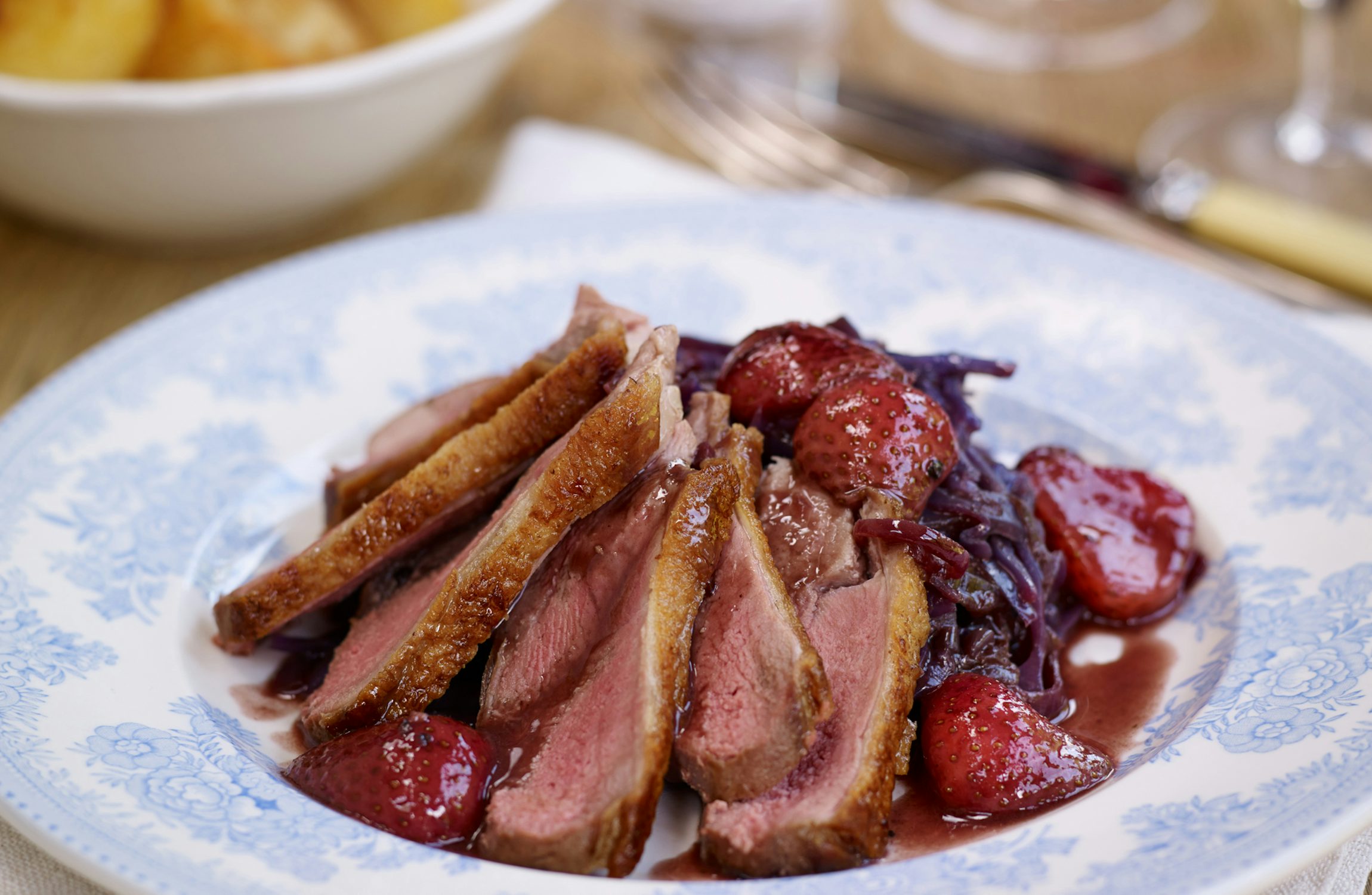 Pan Roasted Duck with a Strawberry Red Wine Sauce & Braised Red Cabbage
