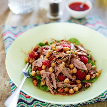 Warm Salad of Middle Eastern Pulled Lamb & Chickpeas with Raspberries