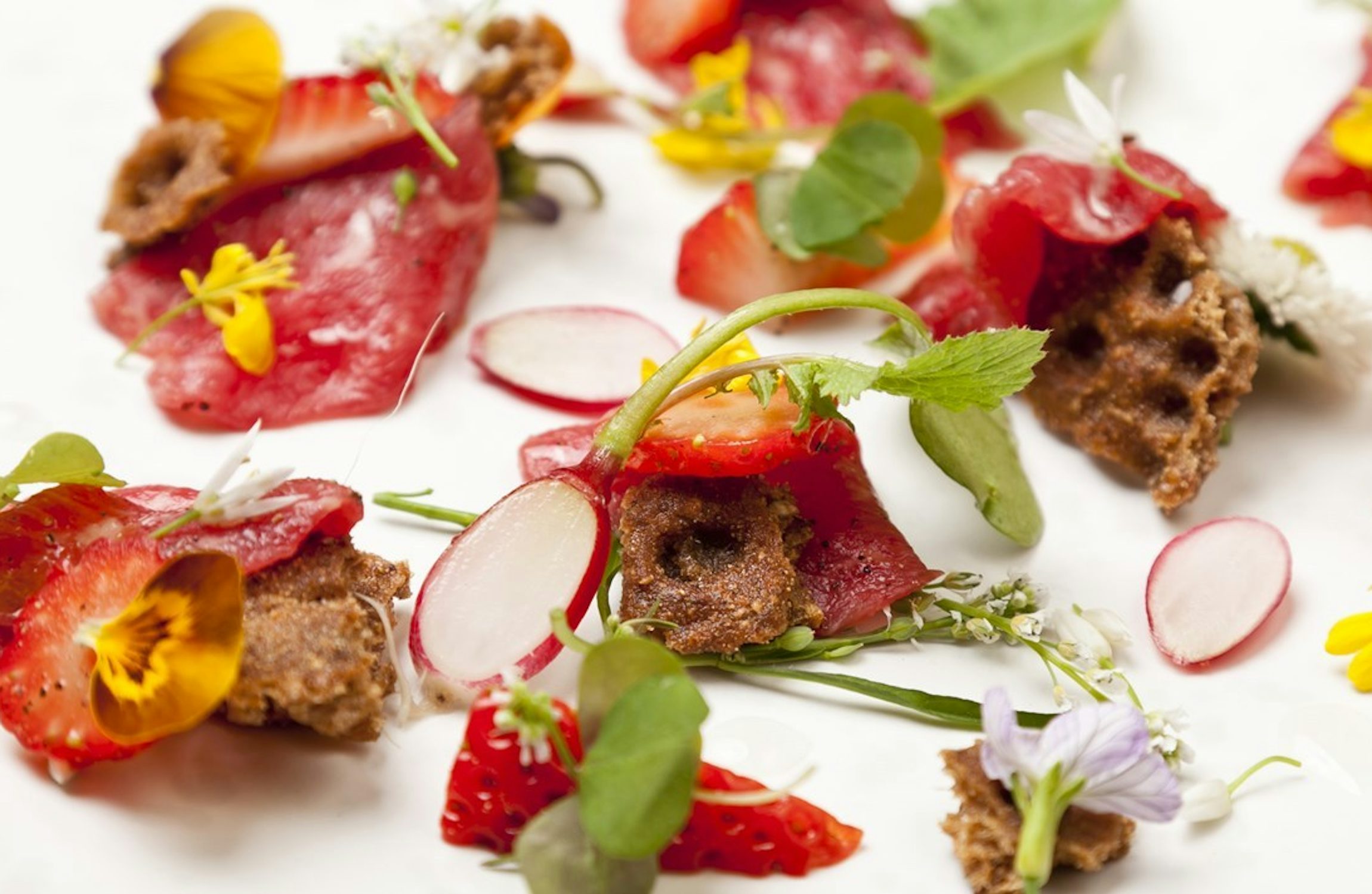Carpaccio of Beef with pickled Strawberries, Wild Spicy Leaves & Crispbread