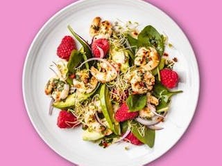 Raspberry prawn salad overhead SQ